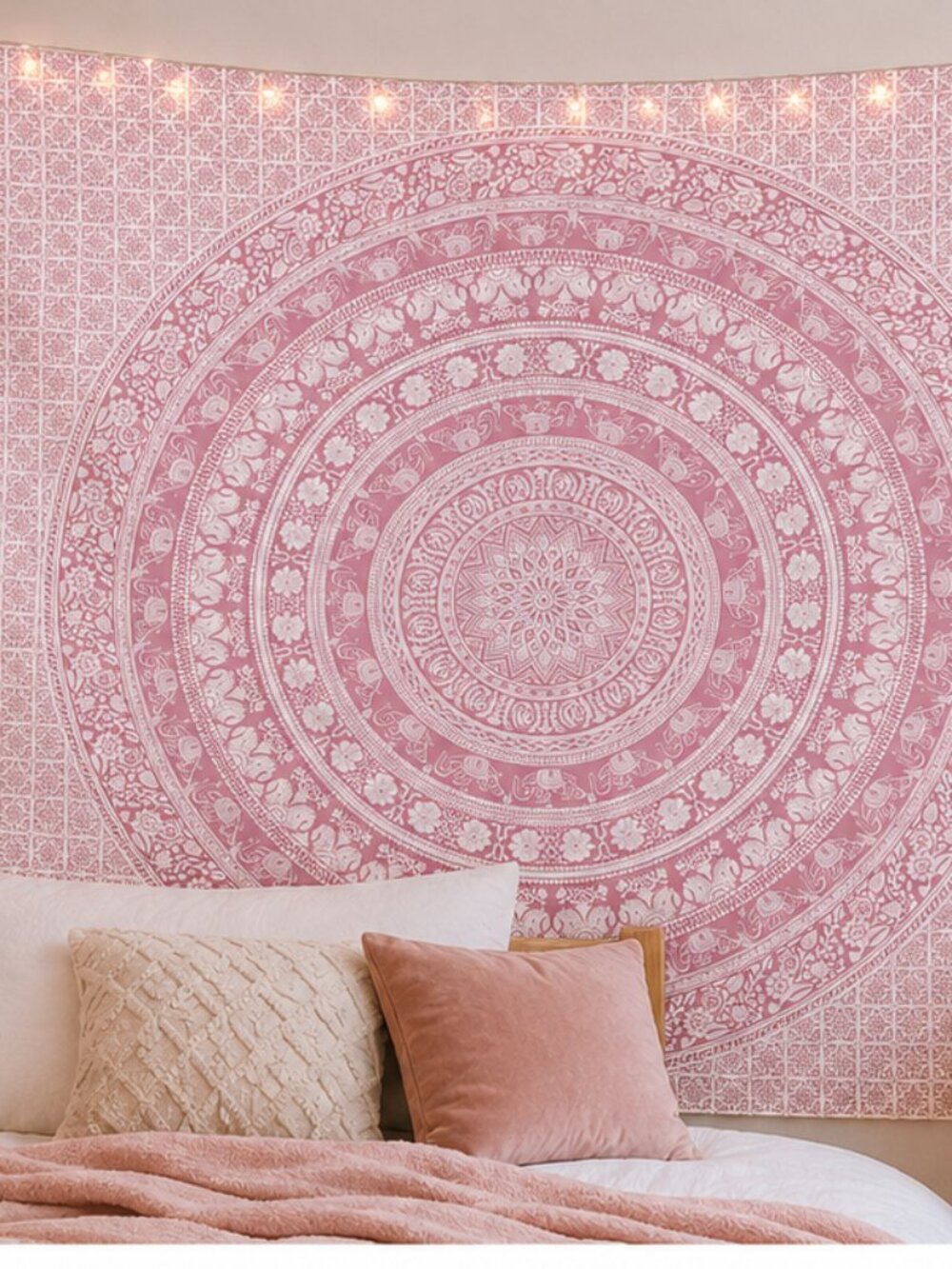 Pink & White Mandala Boho Wall Tapestry – Elephant Floral Design